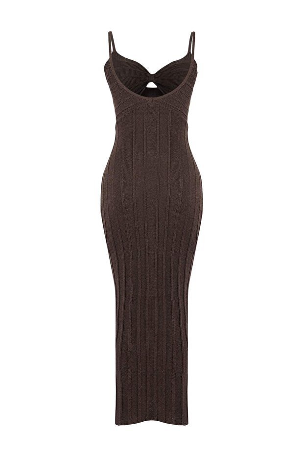 Koyu Kahverengi Triko Ajurlu Maxi Cut Out Detaylı Plaj Elbise TBESS26EL00043 - 5