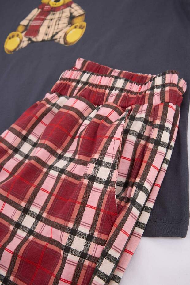 Bordo Regular Fit Ekose Ayıcık Baskılı Pijama Takımı TMNSS26PT00022 - 6