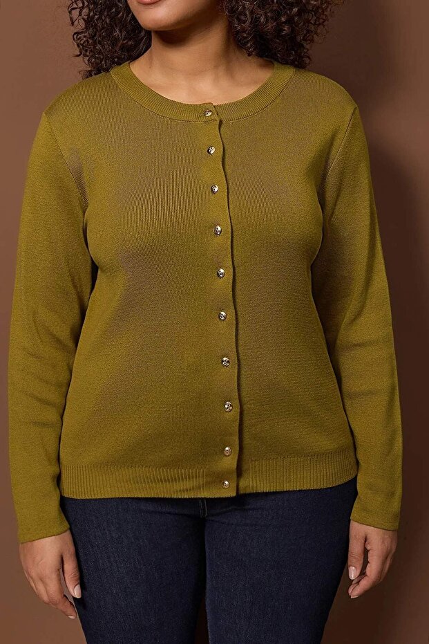Wardrobe Essentials Yağ Yeşili Düğme Detaylı Pamuklu Basic Triko Hırka TBBAW26AV00042 - 3