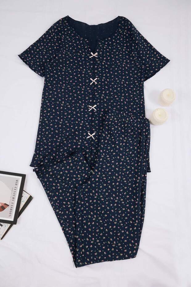 Lacivert Çiçekli Pointel Örme Büyük Beden Pijama Takımı TBBSS26AI00070 - 4