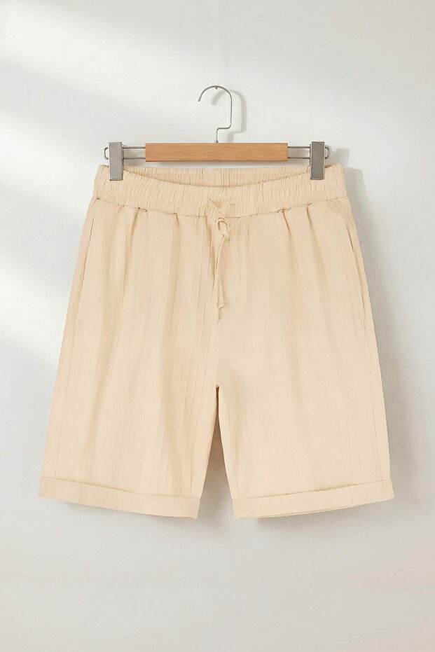 Bej Normal Kalıp/Regular Fit %100 Pamuklu Dokulu Boru Paça Erkek Dokuma Şort&Bermuda TMNSS26SR00010 - 5
