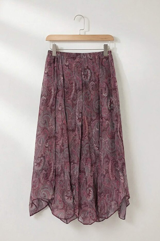 Bordo Asimetrik Şal Desen Şifon Etek TDRSS26ET00040 - 9