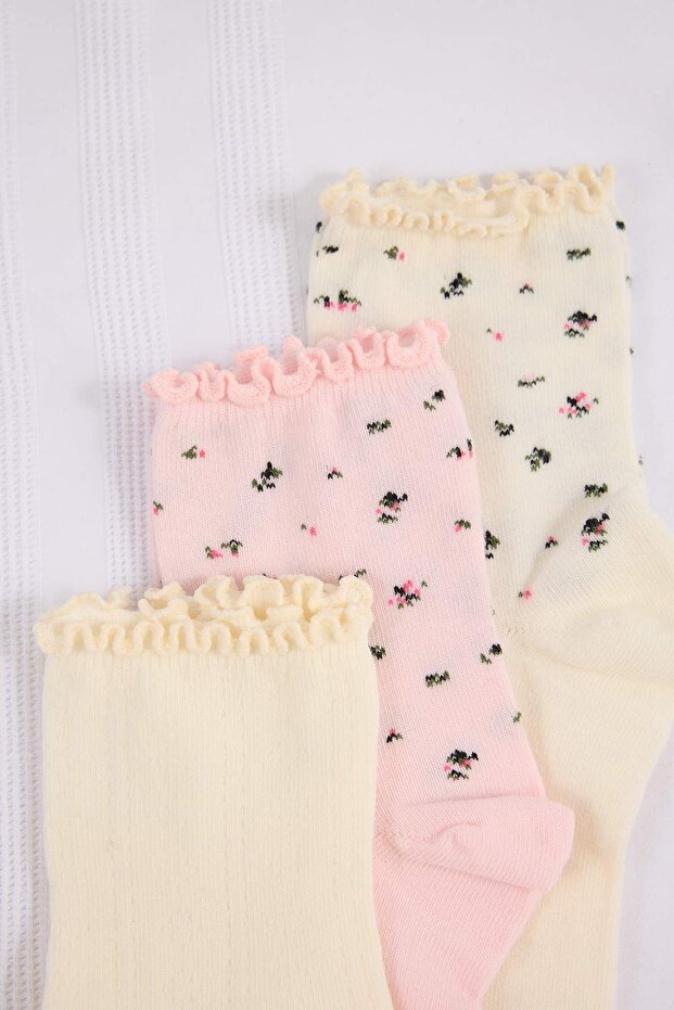Ekru-Pembe 3'lü Pamuklu Çiçekli Baby Overloklu Jakar Örme Çorap THMSS26CO00023 - 3