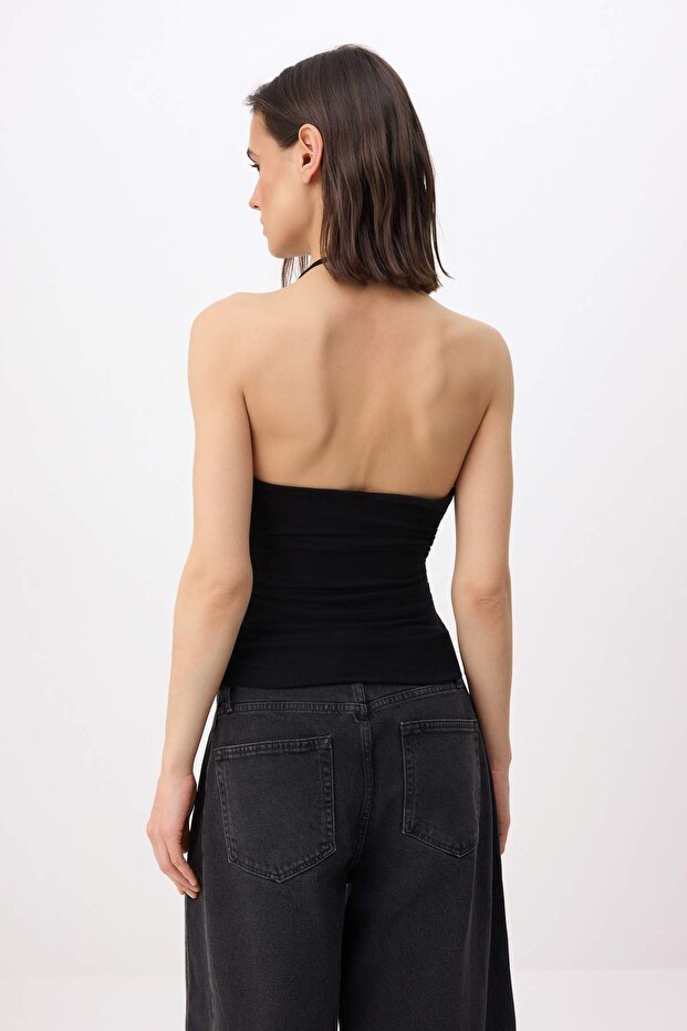 Siyah Fitted/Vücuda Oturan Boyundan Bağlamalı Kolsuz Yumuşak Örme Bluz TWOSS26BZ00624 - 4
