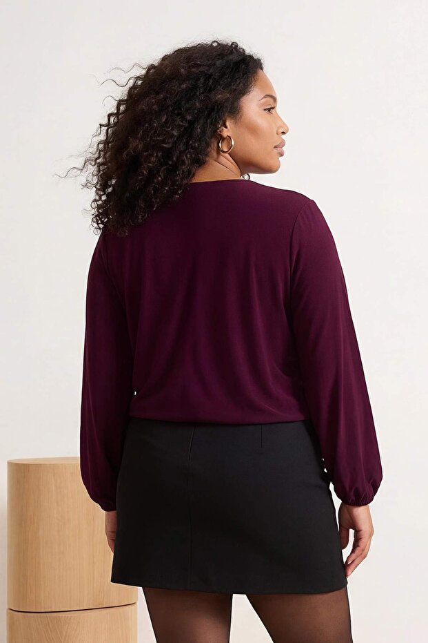 Mor Balon Kol Kruvaze Yaka Örme Crop Bluz TBBAW23AF00029 - 3