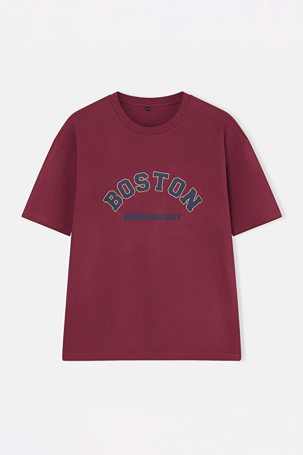 Claret Red Oversized /Wide Cut Crew Neck Short Sleeve Lettering Printed T-Shirt Tmnss21Ts1217