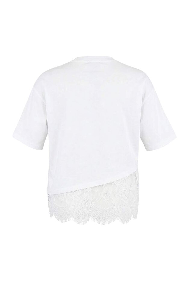 Ekru Etek Ucu Dantel Detaylı Büyük Beden T-shirt TBBSS26BF00047 - 9
