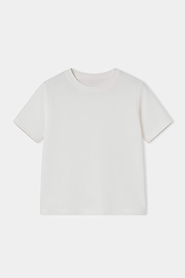 Ekru Düz Regular Bisiklet Yaka Standart Kol Kısa İnterlok Örme T-Shirt TWOSS26TS00064 - 6