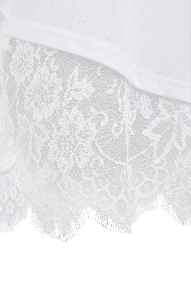 Ekru Etek Ucu Dantel Detaylı Büyük Beden T-shirt TBBSS26BF00047 - 8
