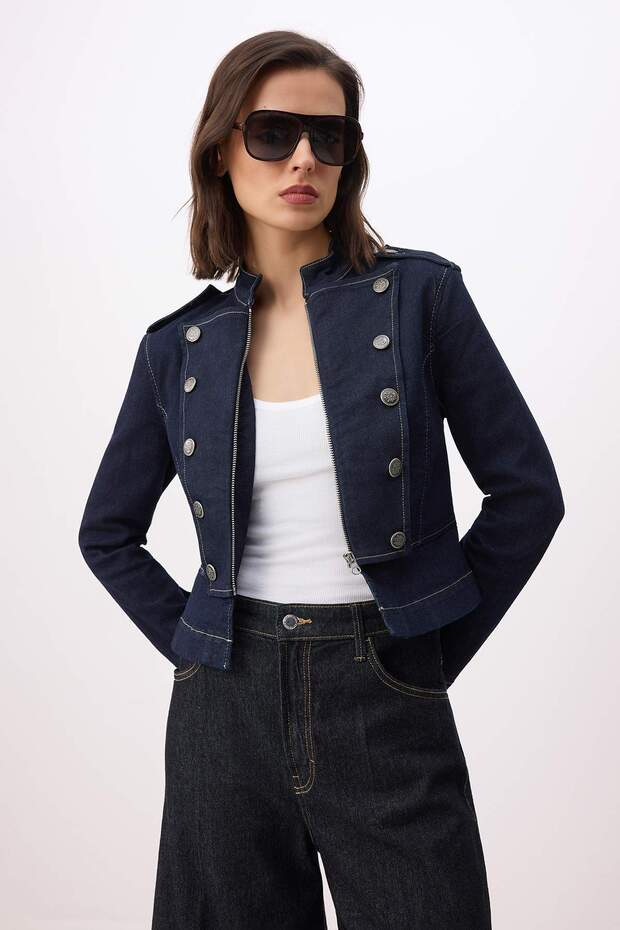 Koyu Mavi Düğme Detaylı Napolyon Denim Ceket TWOSS26CE00049 - 2