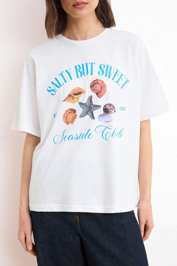Ekru Baskılı Oversize/Geniş Kalıp Kısa Kollu %100 Pamuk Örme T-Shirt TWOSS26TS00179 - 3