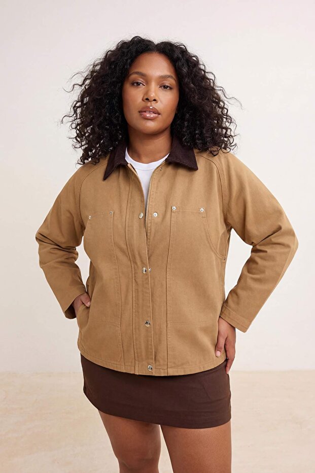 Camel Kadife Yaka Detaylı Oversize/Geniş Kalıp %100 Pamuk Non-Stretch Denim Ceket TBBSS26AG00007 - 2