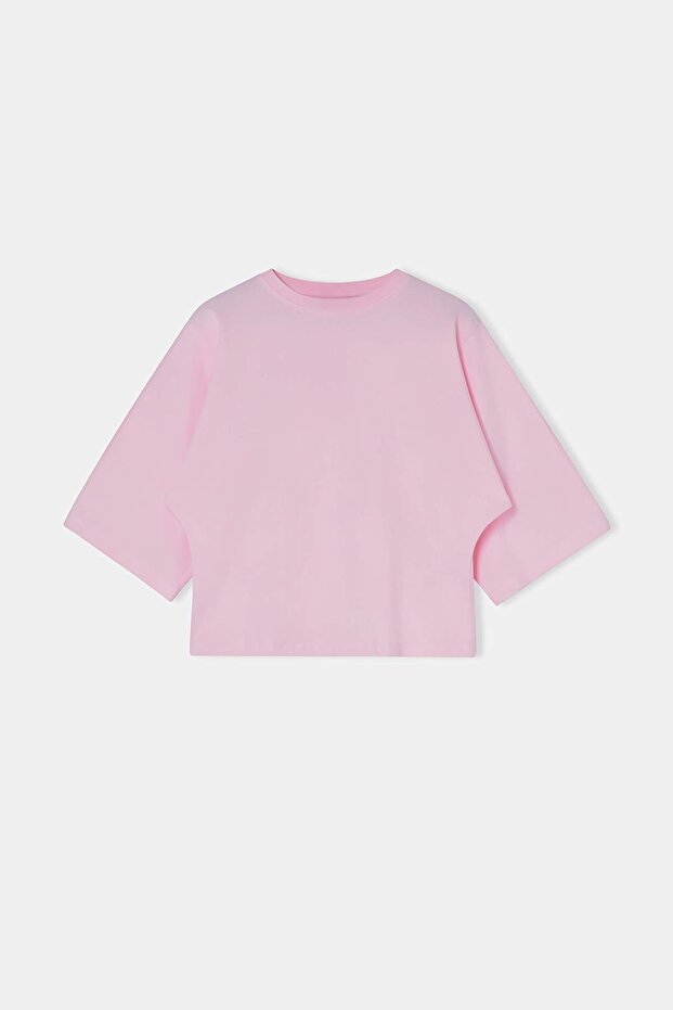 Wardrobe Essentials-Pembe Geniş Kalıp Yarasa Kol %100 Pamuk Örme T-Shirt TWOSS26TS00047 - 6
