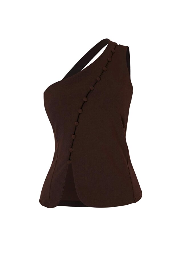 Kahverengi Fitted/Vücuda Oturan Asimetrik Yaka Kolsuz Düğmeli Scuba Krep Örme Bluz TWOSS26BZ00278 - 5