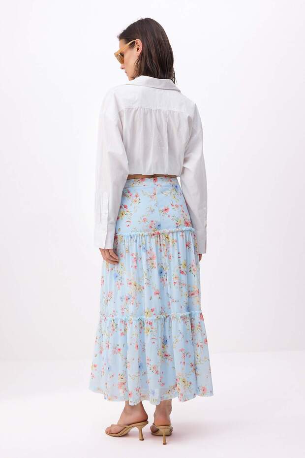 Açık/Bebe Mavi Tül Çiçek Baskılı Maxi Büzgü/Drape Detaylı Esnek Örme Etek TWOSS25ET00064 - 4