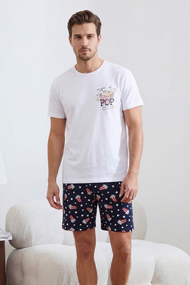 Unisex Beyaz Regular Fit Popcorn Baskılı Pamuklu Pijama Takımı TMNSS26PT00014 - 3