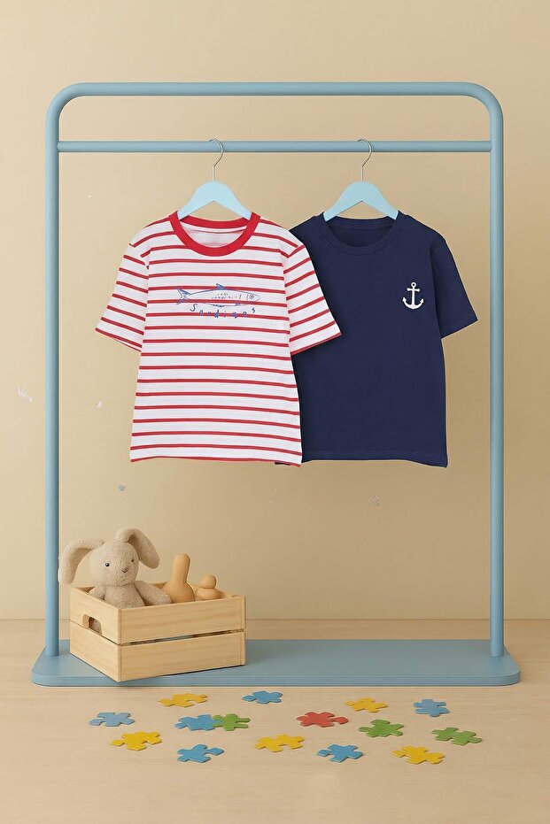 Kırmızı-Lacivert 2'li Erkek Çocuk Baskılı 23 Nisan Örme T-Shirt TKDSS26TS00038 - 6