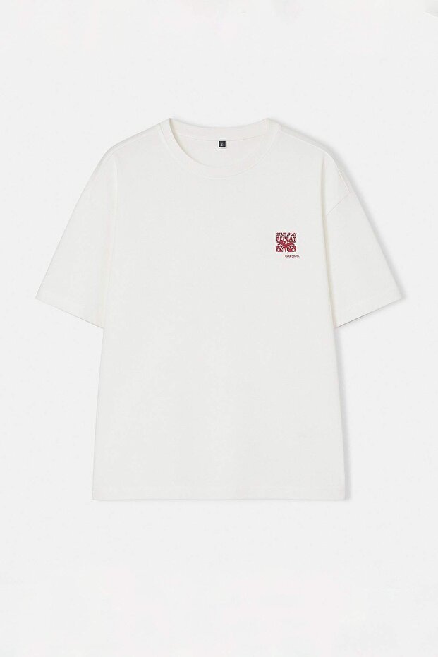 Ekru Oversize/Geniş Kesim Nakışlı %100 Pamuk T-shirt TMNSS26TS00024 - 4