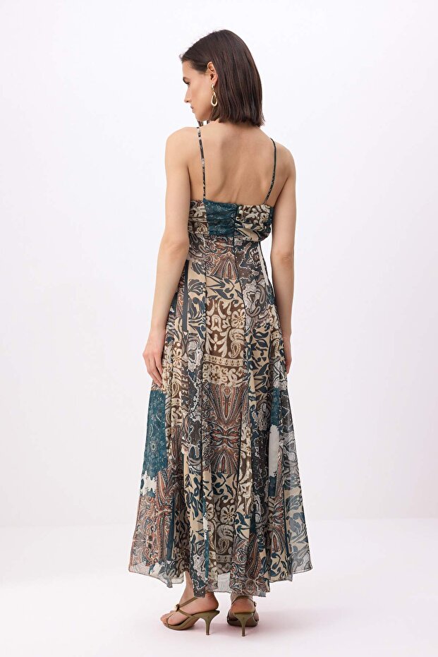Çok Renkli Patchwork A-Kesim/Çan Form Maxi Dokuma Şifon Elbise TWOSS26EL00761 - 4
