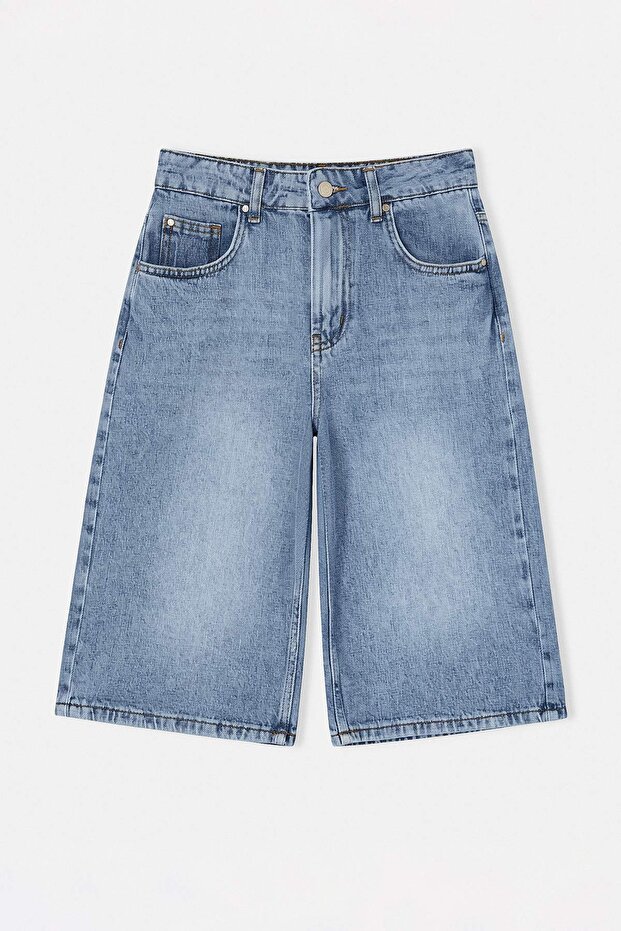Limited Edition Mavi Yüksek Bel Denim Bermuda TWOSS26SR00061 - 5