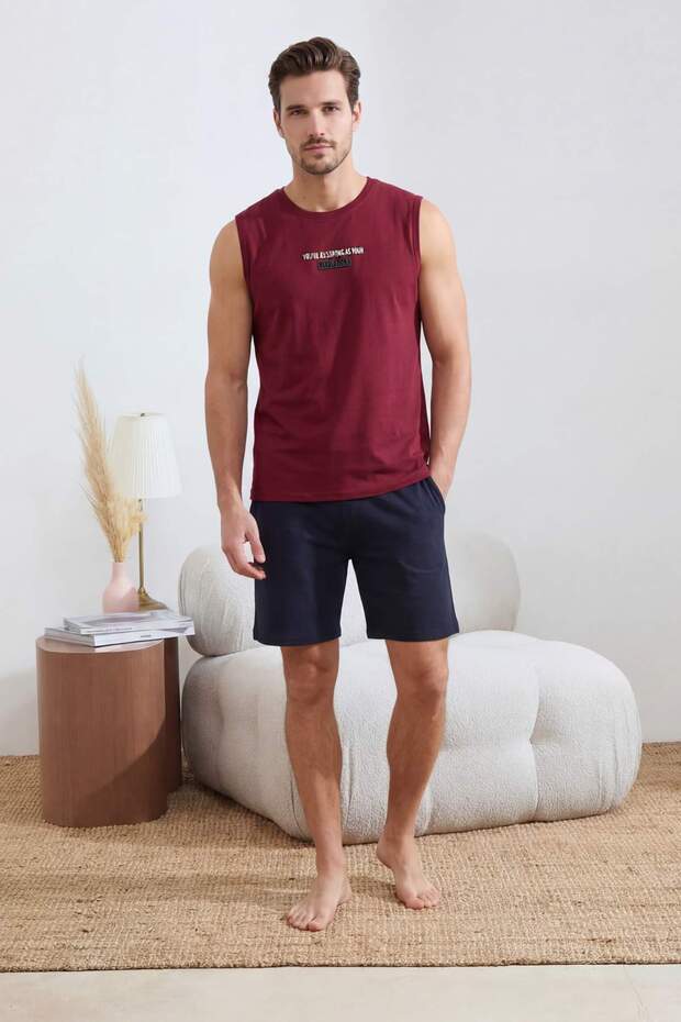 Bordo Regular/Normal Kesim Baskılı Pamuklu Atlet-Şort Pijama Takımı TMNSS26PT00045 - 3
