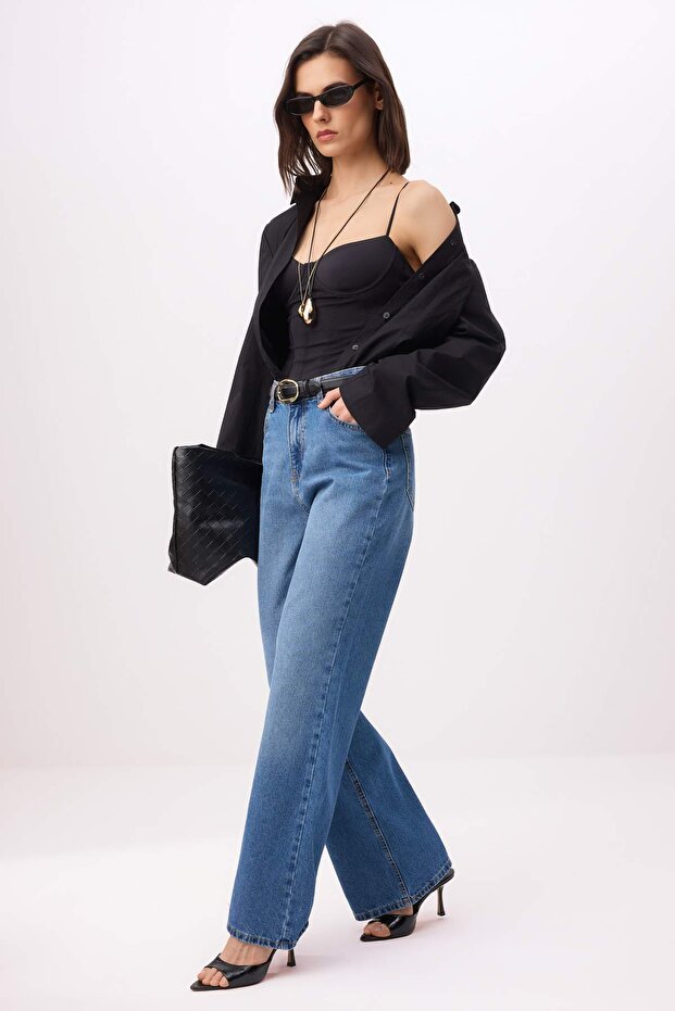 Koyu Mavi Yüksek Bel %100 Pamuk Wide Leg Jeans TWOSS26JE00204 - 2