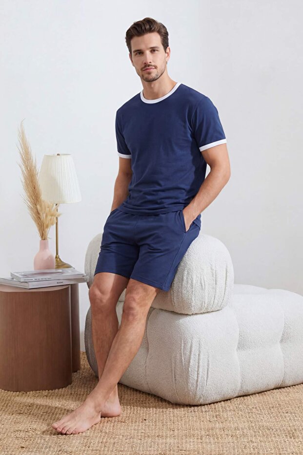 Indigo Regular Fit Yaka Ve Kol Kontrast Detaylı Pamuklu Pijama Takımı TMNSS26PT00016 - 2