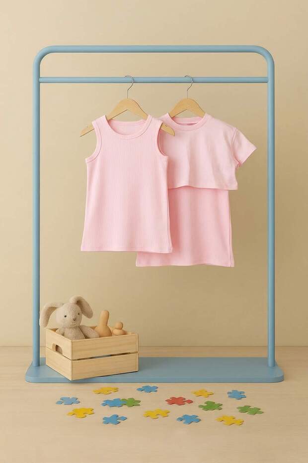 Pembe 2'li Düz Kız Çocuk Örme Tshirt Elbise Set TKDSS26AU00063