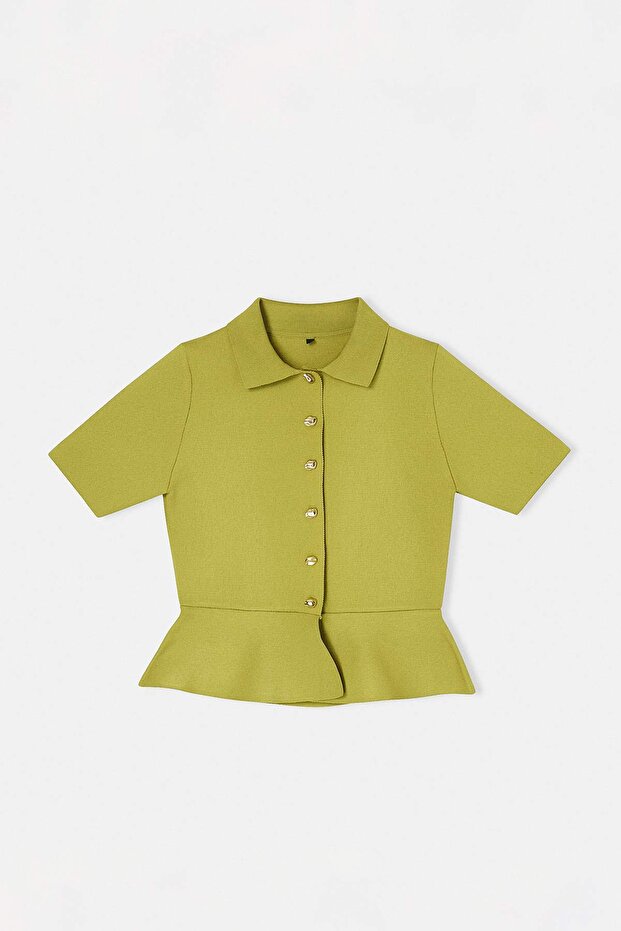 Yağ Yeşil Peplum/Belden Oturmalı Düğme Detaylı Triko Bluz TWOSS26BZ00158 - 4