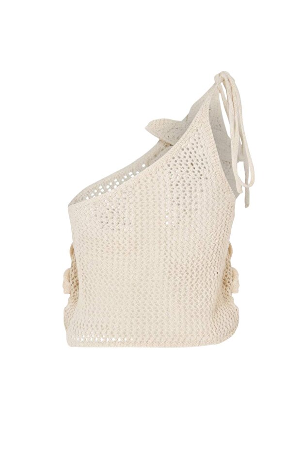 Ekru Triko Çiçek Aplikeli Plaj Crop Bluz TBESS26BZ00016 - 8
