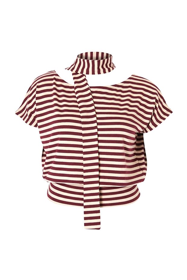 Bordo Çizgili Fularlı Asimetrik Yaka Viskon Ribana Büyük Beden Bluz TBBSS26AF00141 - 4