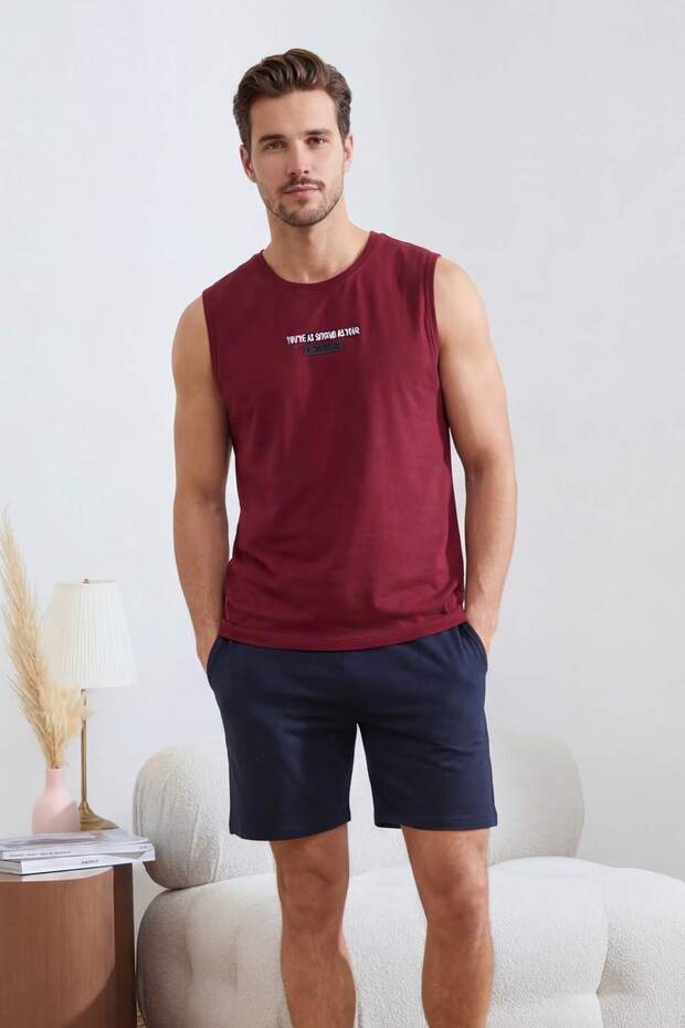 Bordo Regular/Normal Kesim Baskılı Pamuklu Atlet-Şort Pijama Takımı TMNSS26PT00045 - 1