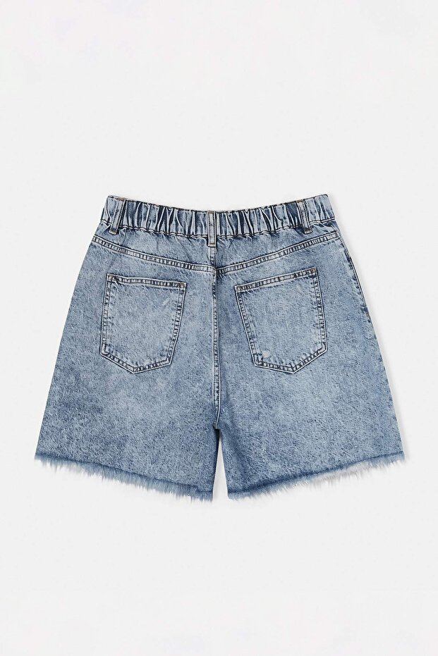 Mavi Yırtıklı Lastikli Yüksek Bel Mini %100 Pamuk Non-Stretch Büyük Beden Denim Şort TBBSS26AP00024 - 5