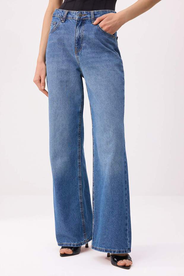 Koyu Mavi Yüksek Bel %100 Pamuk Wide Leg Jeans TWOSS26JE00204 - 3