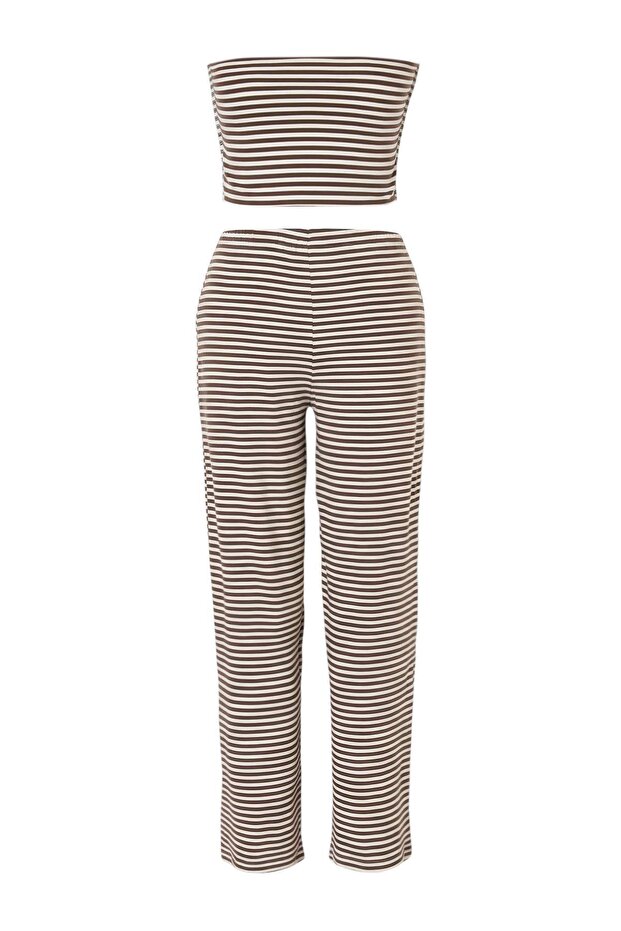 Kahverengi Çizgili Fitted/Vücuda Oturan Geniş Paça Yumuşak Örme Alt-Üst Takım TWOSS26AU00011 - 3