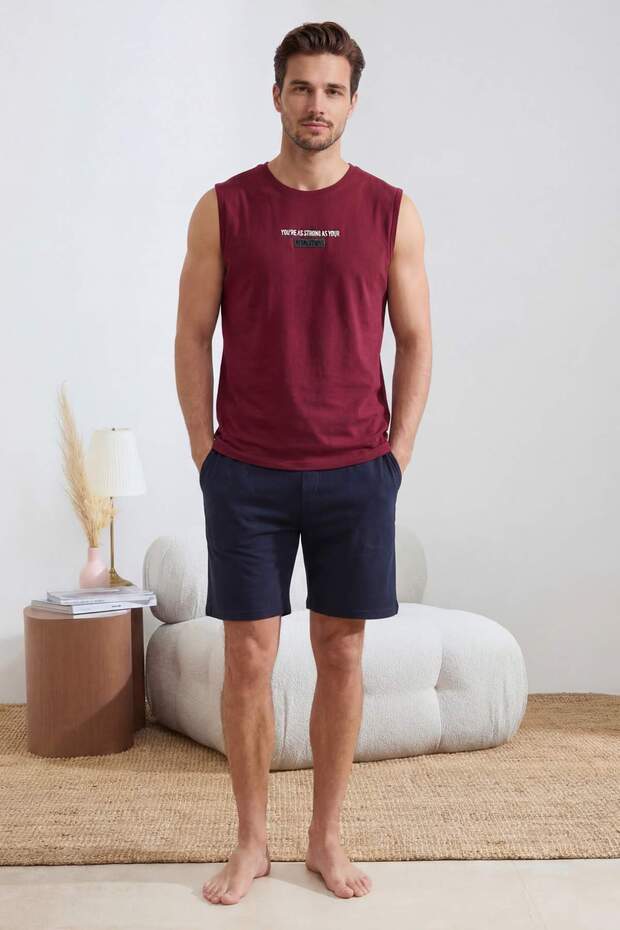 Bordo Regular/Normal Kesim Baskılı Pamuklu Atlet-Şort Pijama Takımı TMNSS26PT00045 - 2