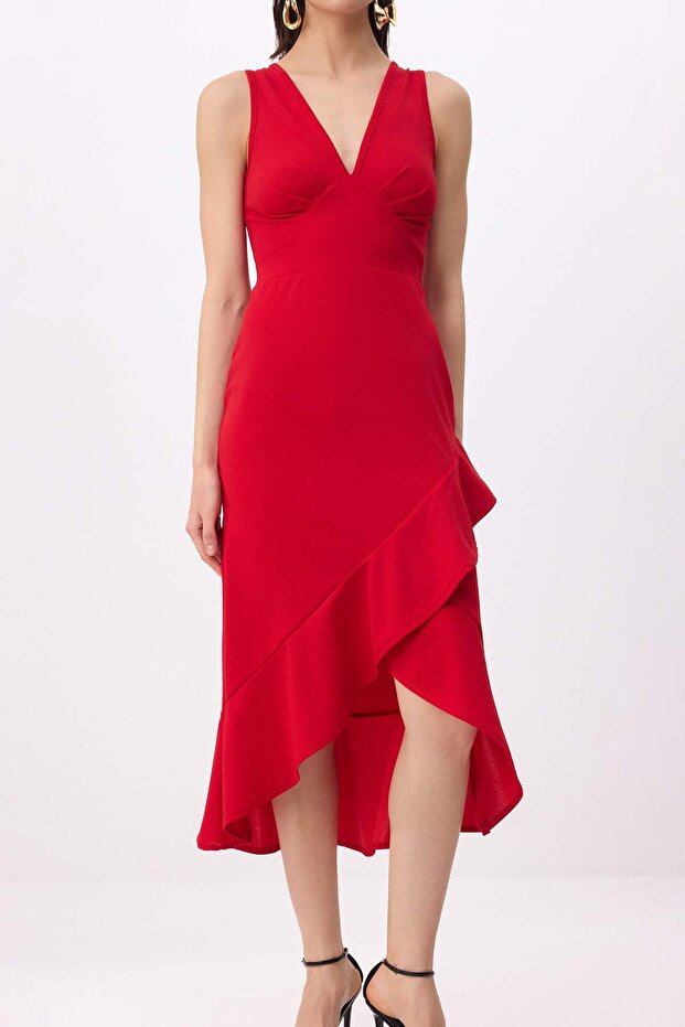 Kırmızı Etek Ucu Fırfırlı Örme Sandy Midi Astarsız Elbise - 6