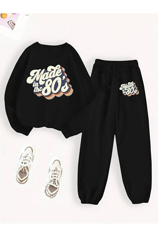 Women's Oversized 80S Printed Black Tracksuit Set