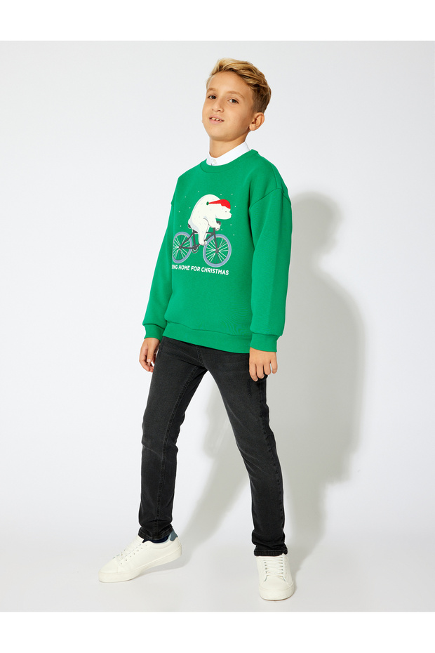 Long Sleeve Crew Neck Christmas Themed Raised Sweatshirt