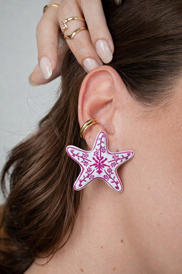 Pink Embroidered Brand Star Earrings on White 6 cm