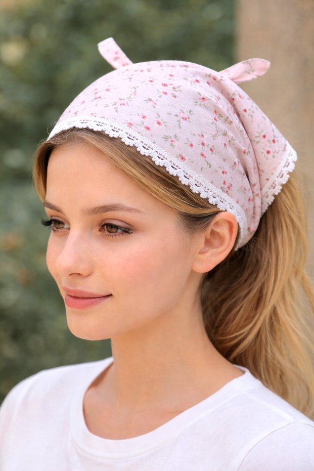 Papatya Patterned Lace Detailed Tie-Detail Bandana – Hair Bandana for Daily Use