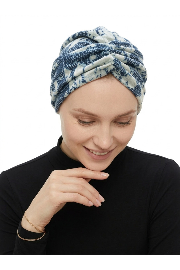 Patterned Draped Petrol Blue Double-Sided Ready-To-Wear Turban Hijab Medical Cap Suitable for Medical Use