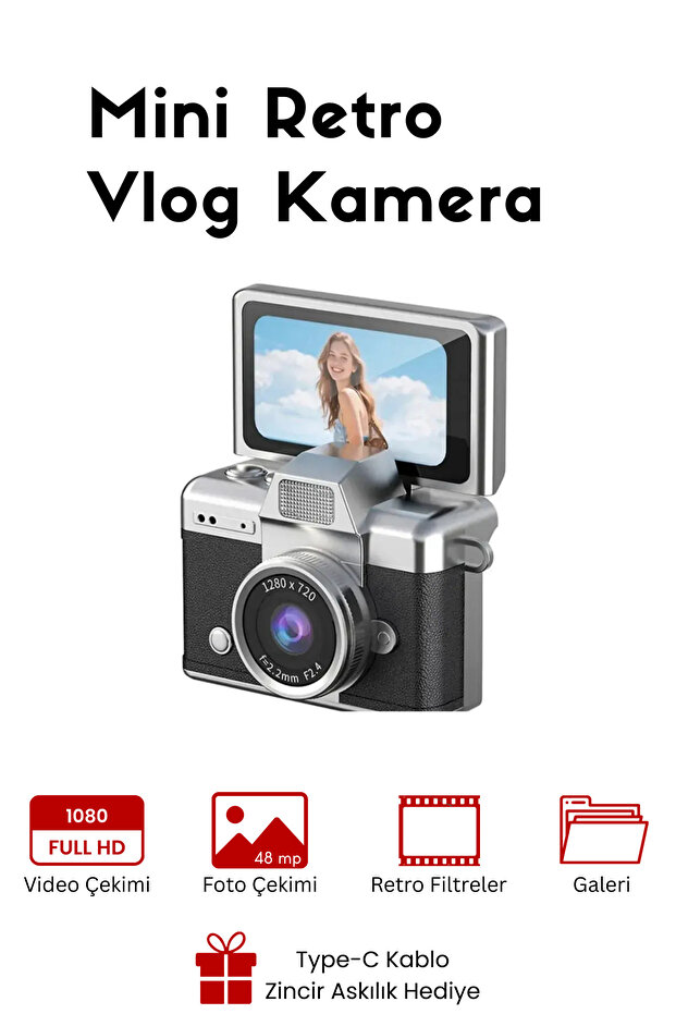 RoseandRoses Mini Kamera Dönen Ekran Flaşlı Selfie Video Vlog Kamerası Anahtarlık 1080P+48MP