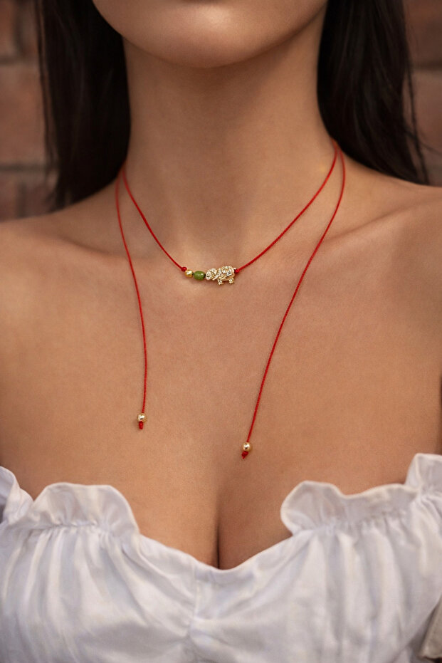 Red String Adjustable Gold Elephant Figured Necklace - Green Bead Detail - Does Not Tarnish