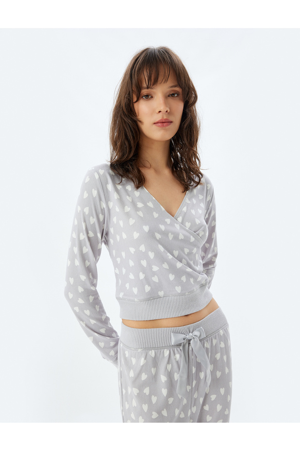 Hearted Pajama Top Fleece Double Breasted V-Neck Long Sleeve