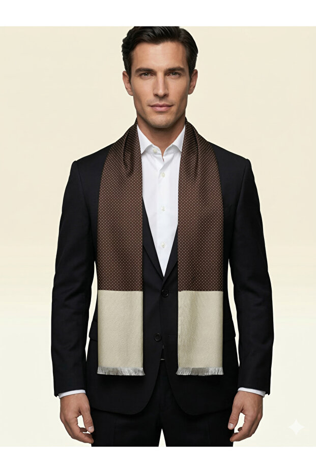 Premium Men's Brown Viscose Blend Tasseled Patterned Scarf / Shawl