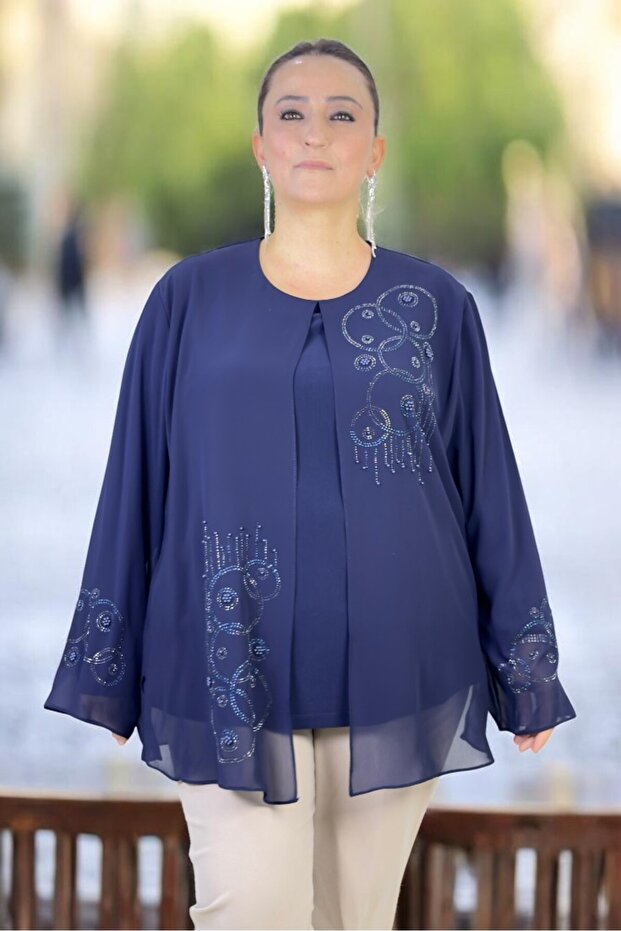 Sandy Fabric Inside, Stone Embroidered on the Outside, Chiffon Plus Size Women's Double Blouse