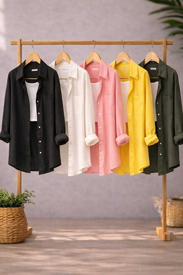 Women's 5-Pack Black White Pink Yellow Khaki Cotton Pack Oversized Cotton Pack Linen Single Pocketed Casual Shirts