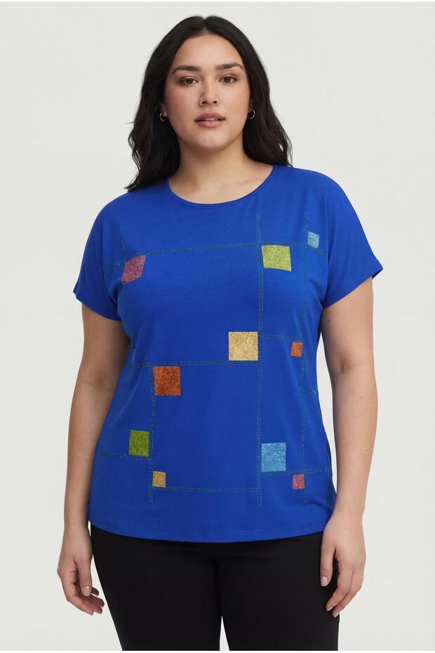 Women's Plus Size Colorful Stone Printed Short Sleeve Blue Blouse