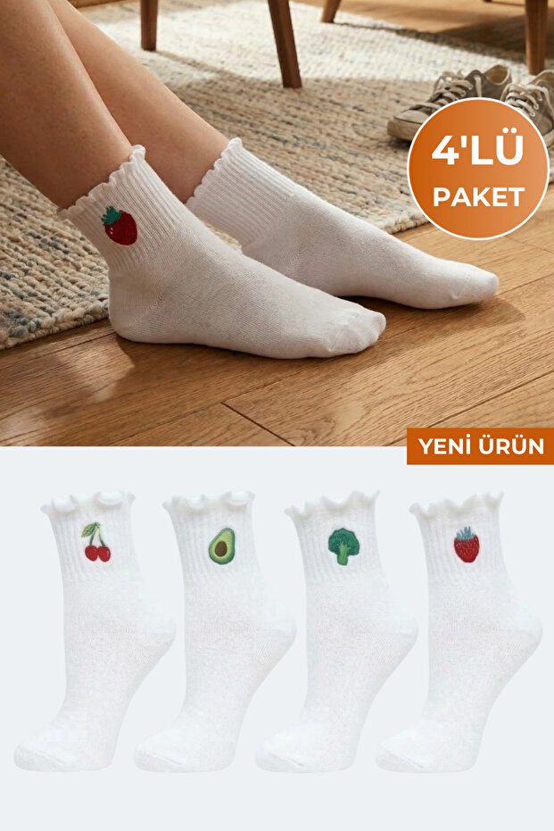 Embroidered Fruit Patterned White Socks Set of 4 – Cotton Women's Daily Socks